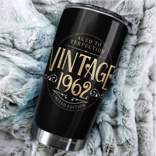 Load image into Gallery viewer, Kozmoz Inspire Vintage Aged to Perfection 1962 Nutrition Facts Tumbler of The Sixties - Happy 60 Birthday Party, Turning 60 Birthday, Sixty Birthday Tumbler 20 Oz - Milestone Birthday Gifts
